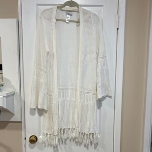 🌴Tommy Bahama Fringe Open cardigan Cover Up. Long Bell Sleeve. White.  L EUC